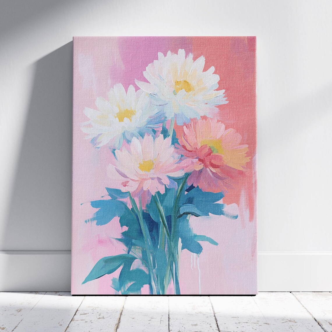 White Chrysanthemum Bloom Pastel Floral Painting Pink Background Poster