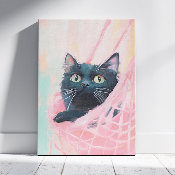 Black Cat Peeking Pink Curtain Big Green Eyes Whimsical Wall Art
