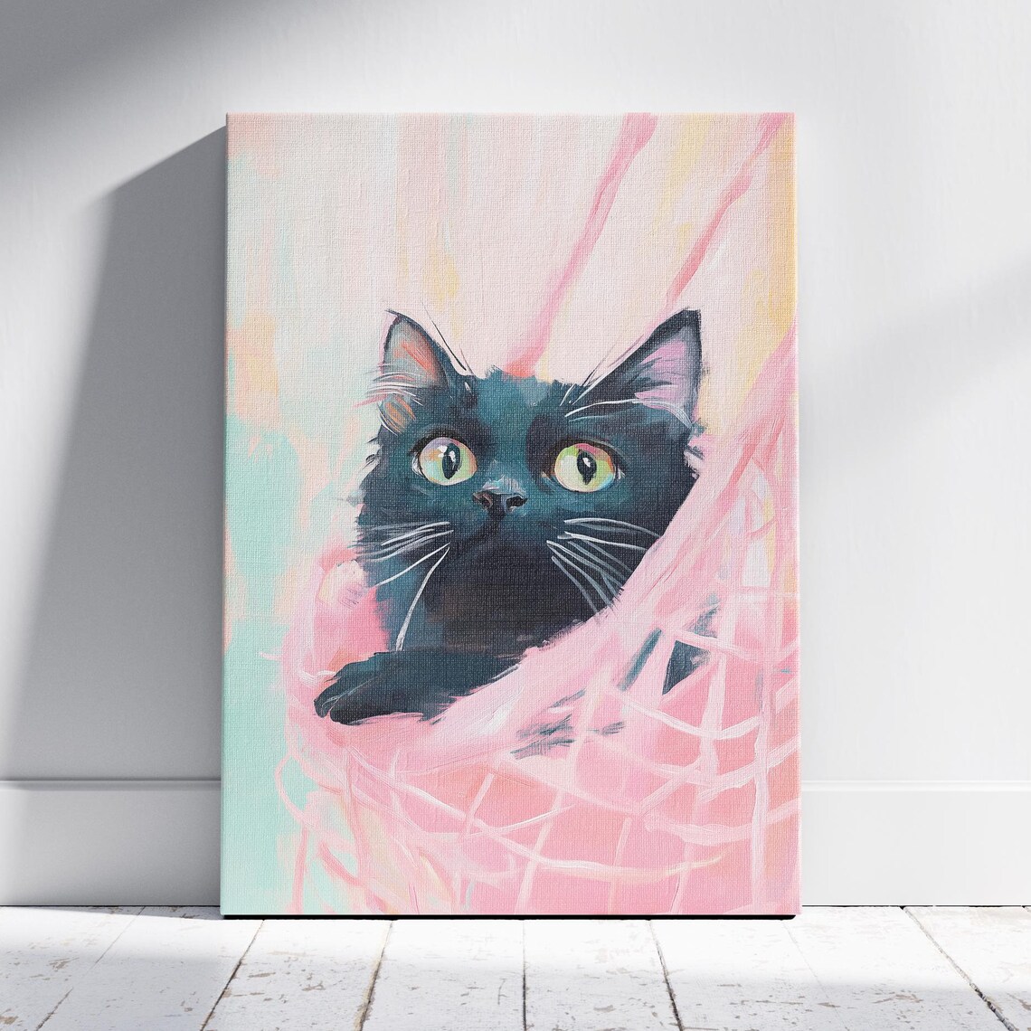 Black Cat Peeking Pink Curtain Big Green Eyes Whimsical Wall Art