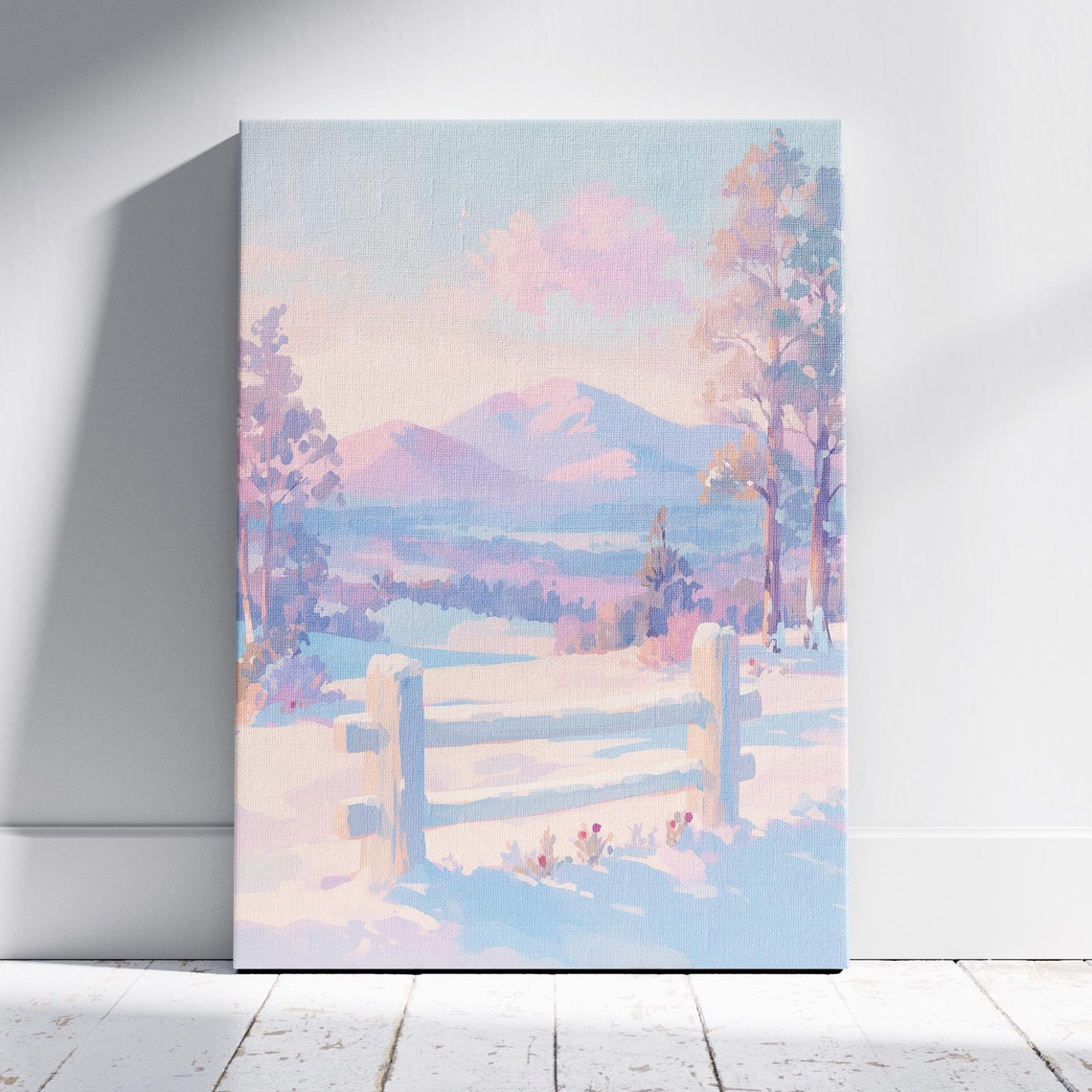 Pastel Winter Sunrise Over Snowy Hills And Split Rail Fence Print