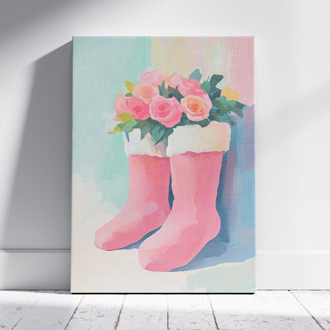 Pink Fur Boots Bouquet Pink Roses Floral Still Life Wall Poster