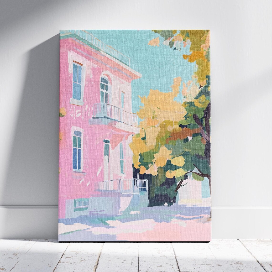 Pink Townhouse With Balconies Autumn Trees Sunny Street Art Poster