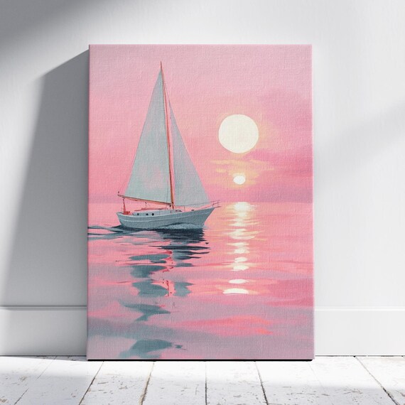 Sailboat on Pink Sunset Ocean Coastal Seascape Wall Art Poster Print