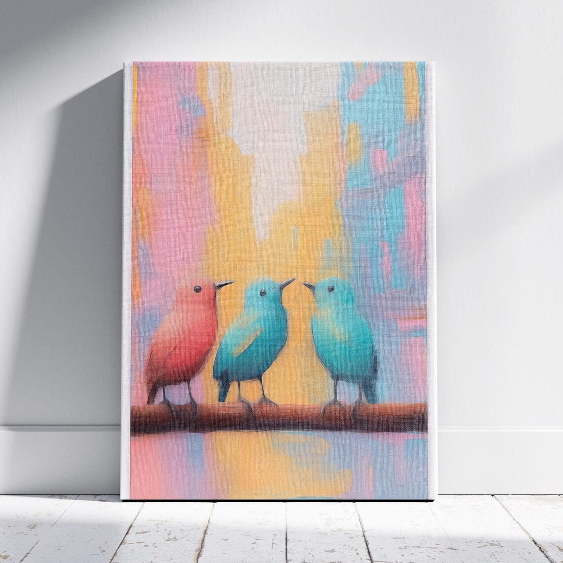 Three Pastel Birds Coral Teal Blue Chatting On Branch Art Print