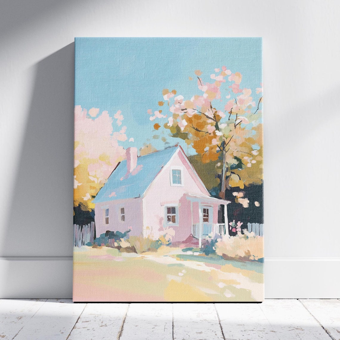 Pink Cottage With Blue Roof Cherry Blossoms Pastel Wall Art Print