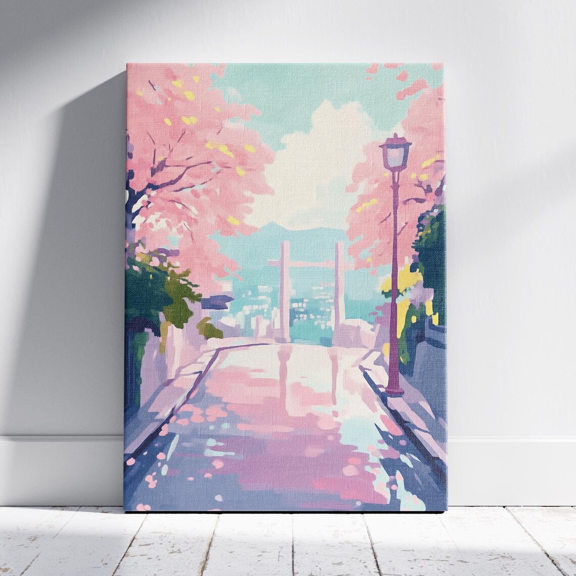 Cherry Blossom Street Leading to Water Vintage Lamp Art Poster