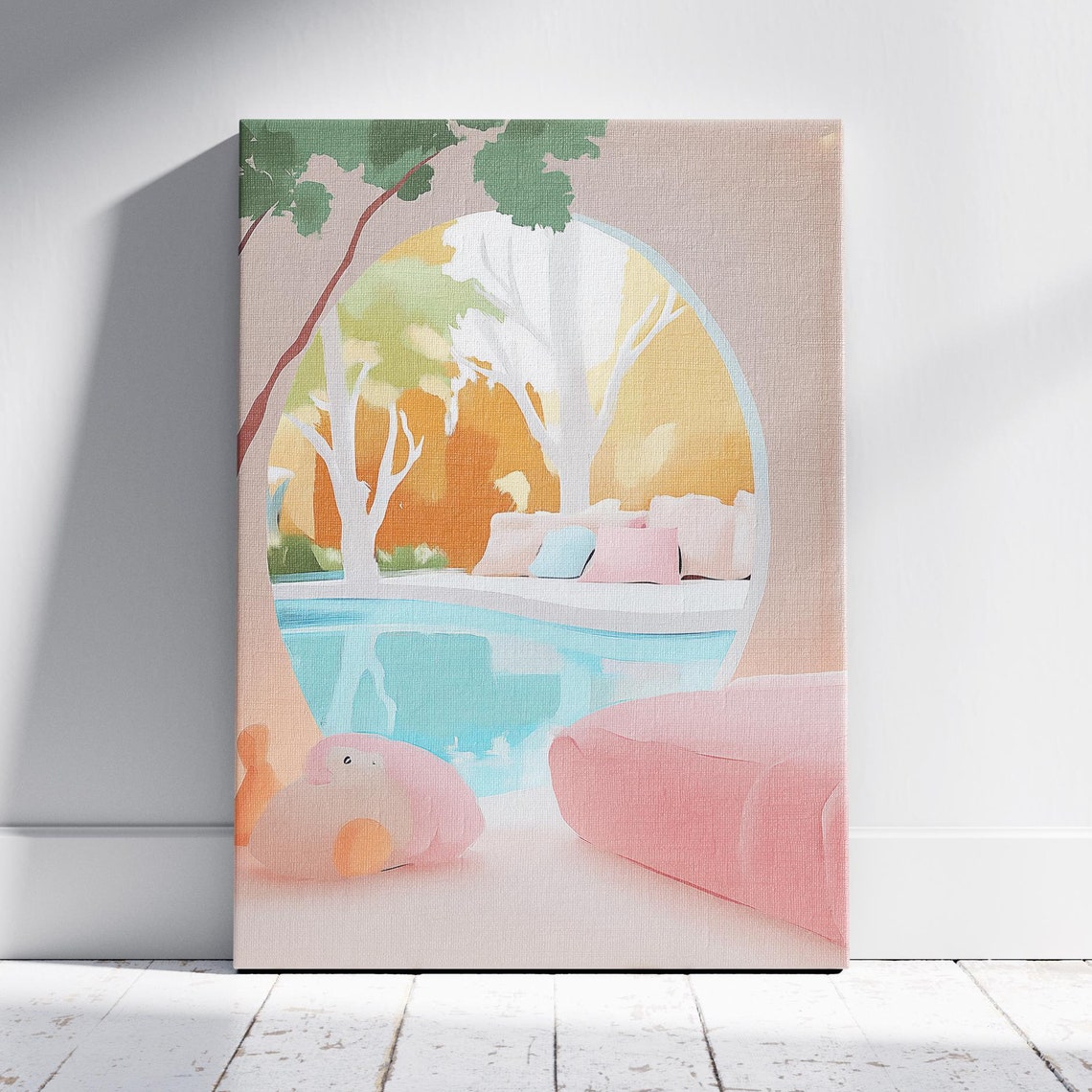 Dreamy Pastel Pool Arch Sunlit Patio Modern Oasis Wall Art Print