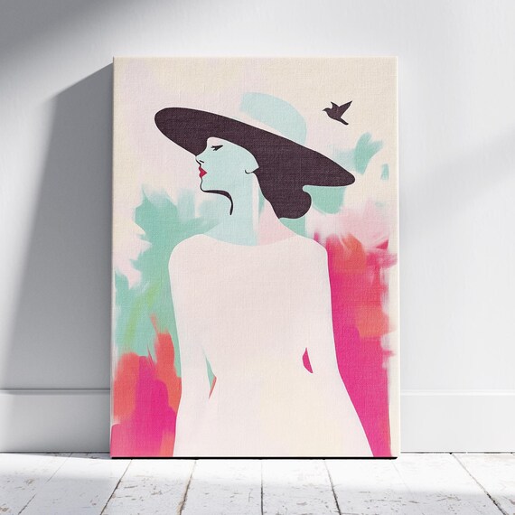 Elegant Minimalist Woman in Wide Black Hat Pastel Fashion Art Poster