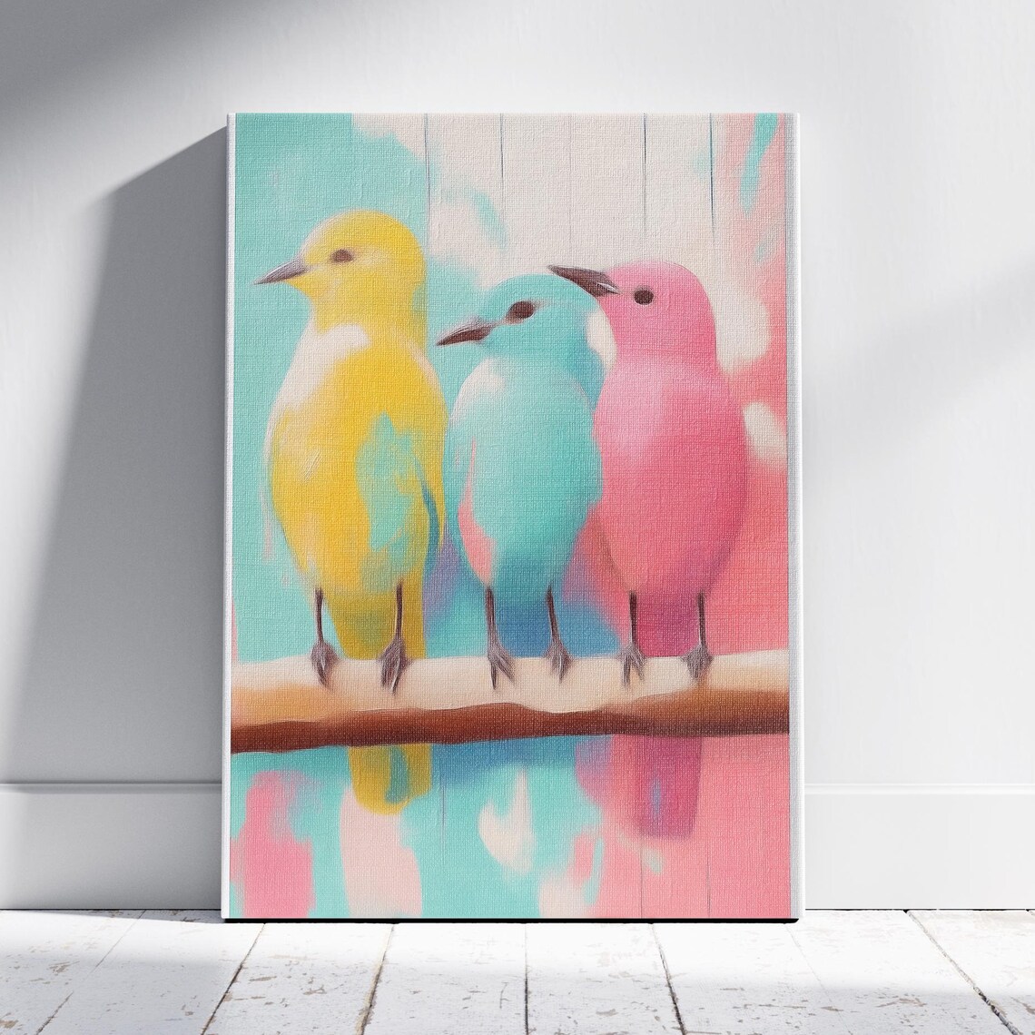 Three Pastel Birds Yellow Teal Pink Perched On Branch Art Poster