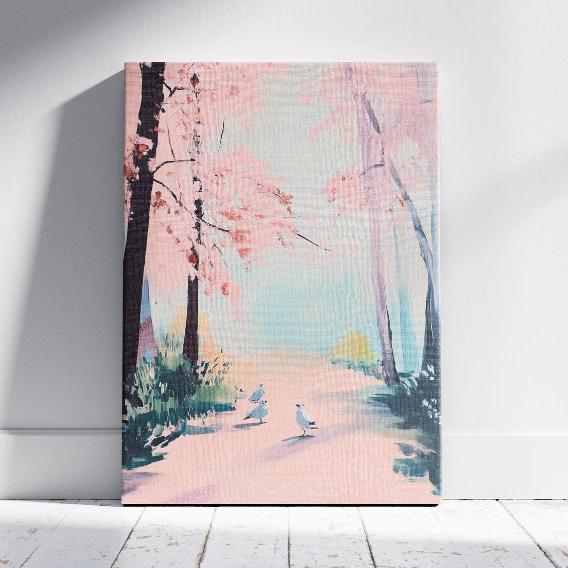 Cherry Blossom Trees Pink Path Seagulls Spring Coastal Art Poster