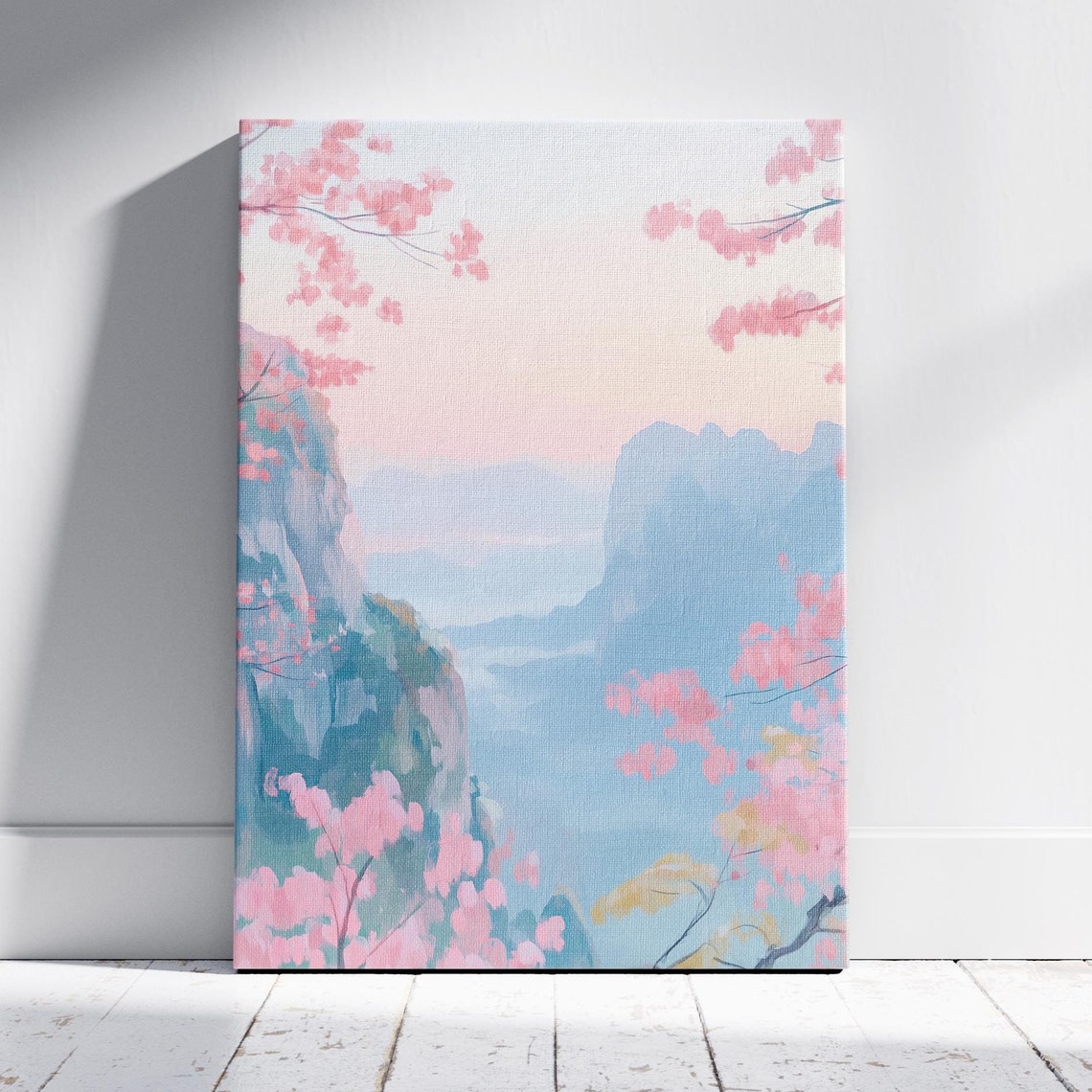 Pink Cherry Blossom Misty Mountain Lake Spring Landscape Art Poster
