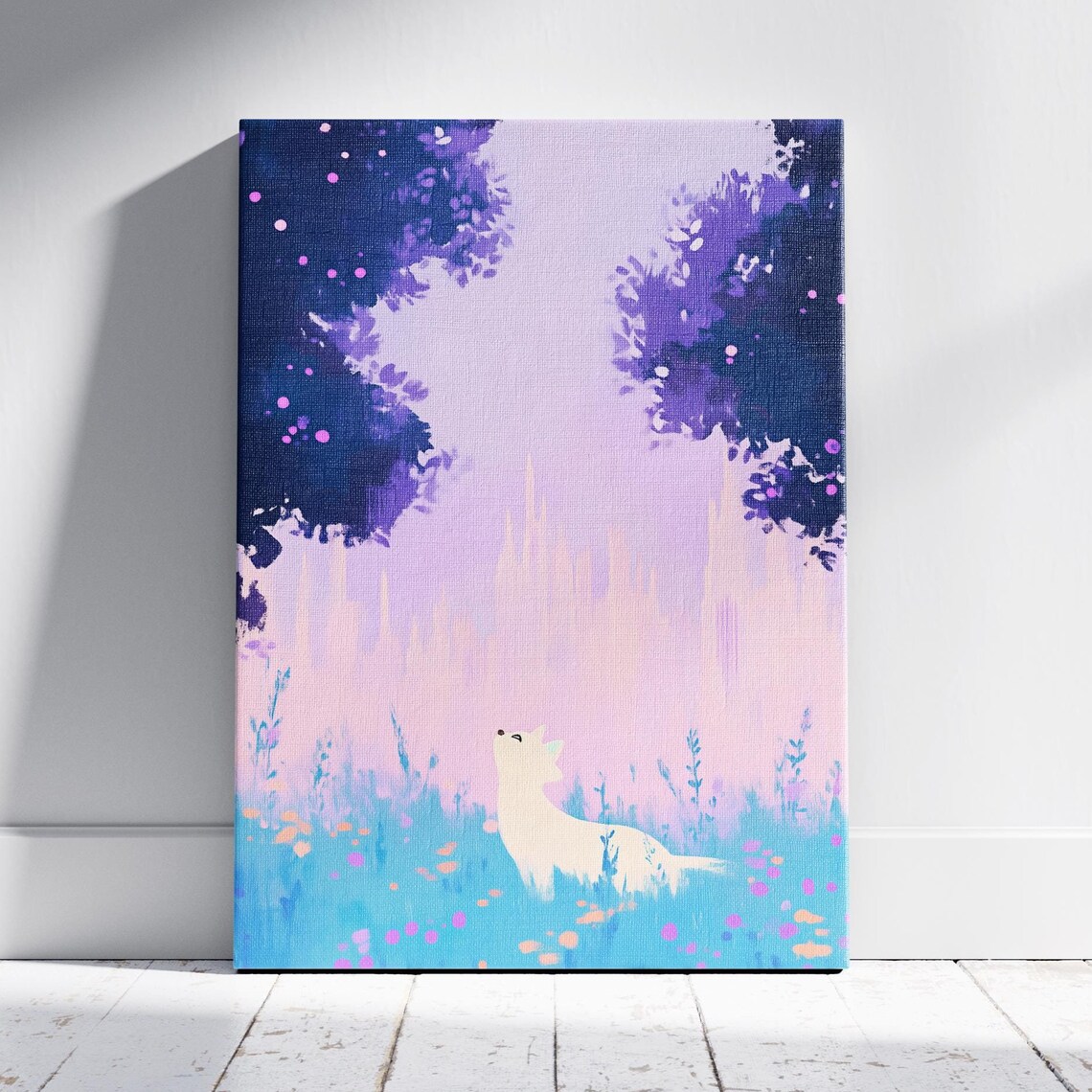 White Fox in a Dreamy Pastel Meadow Under Blossom Trees Night Art Print