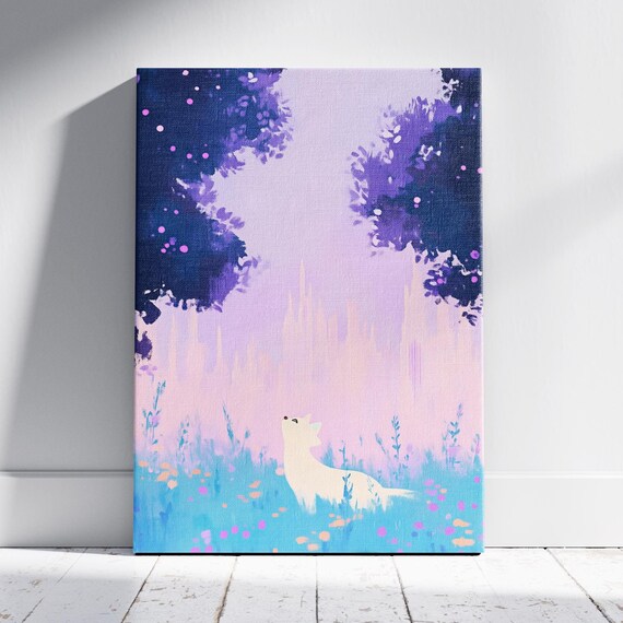 White Fox in a Dreamy Pastel Meadow Under Blossom Trees Night Art Print