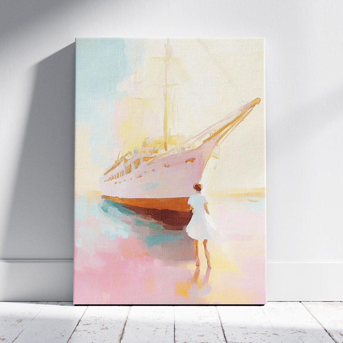 Tall Sailing Ship with Woman on the Beach Maritime Sunset Art Poster Print