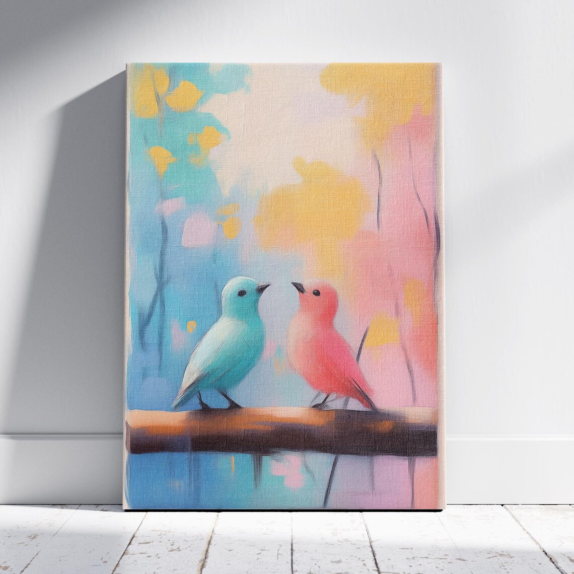 Teal And Pink Birds Facing Each Other Pastel Branch Art Poster