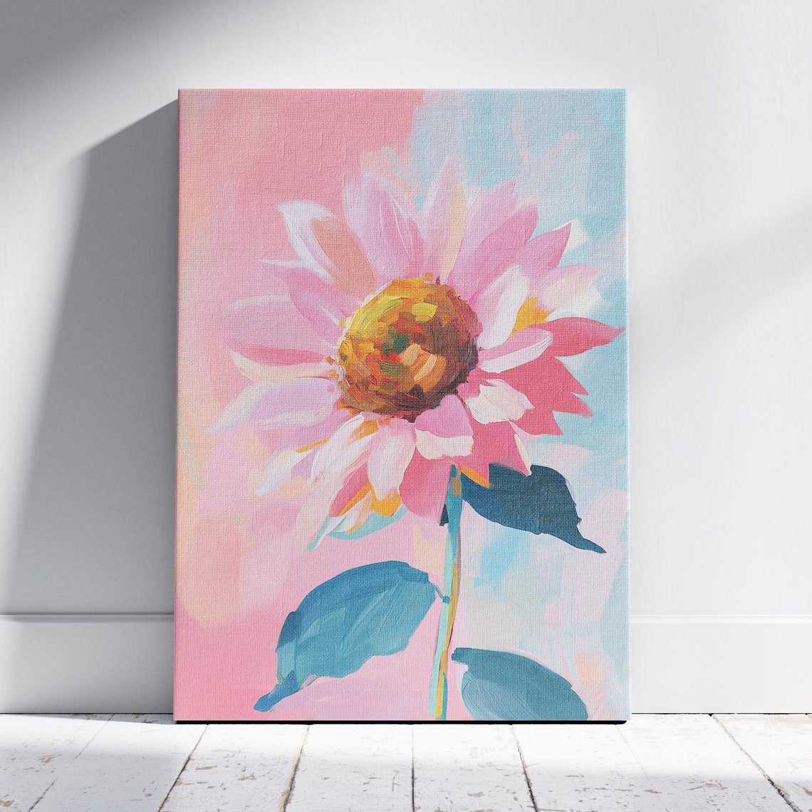 Pink Sunflower Single Bloom Teal Leaves Pastel Floral Art Poster