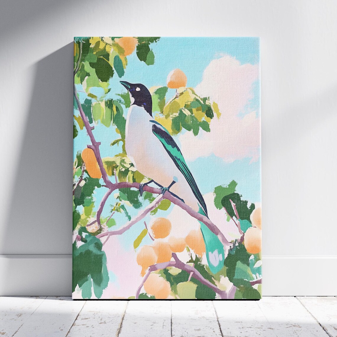 Colorful Magpie on Blossom Branch Pastel Bird Painting Art Poster