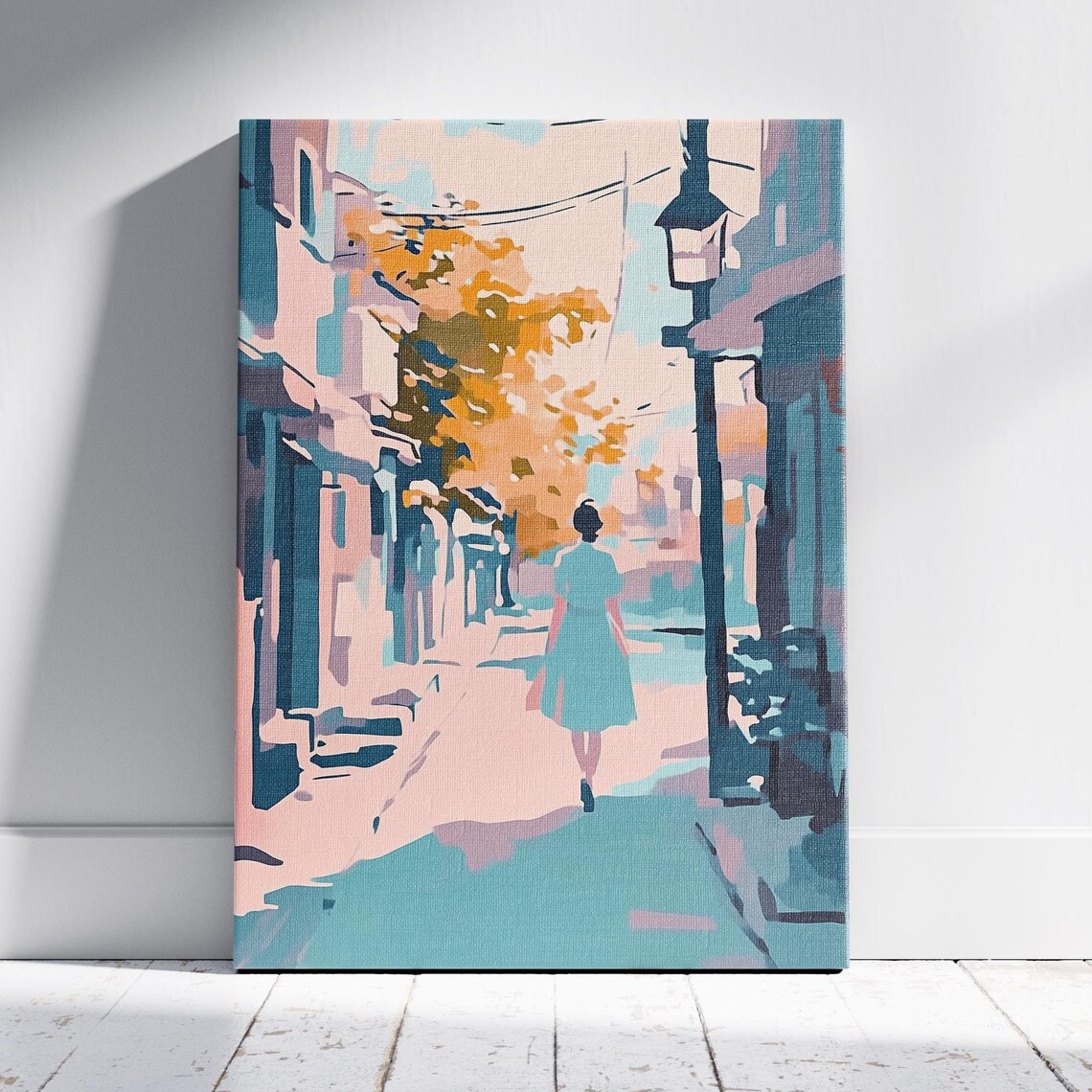 Woman Walking Pastel City Alley Sunlit Street Feminine Wall Art Print