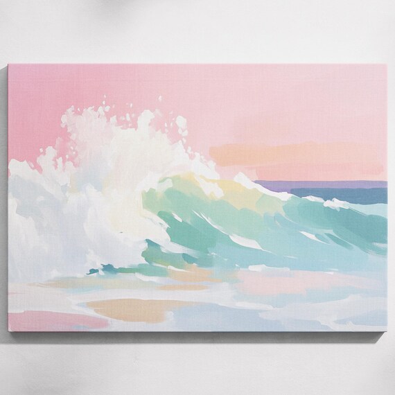 Pastel Ocean Wave Crashing On Beach Pink Sunset Sky Coastal Painting Poster