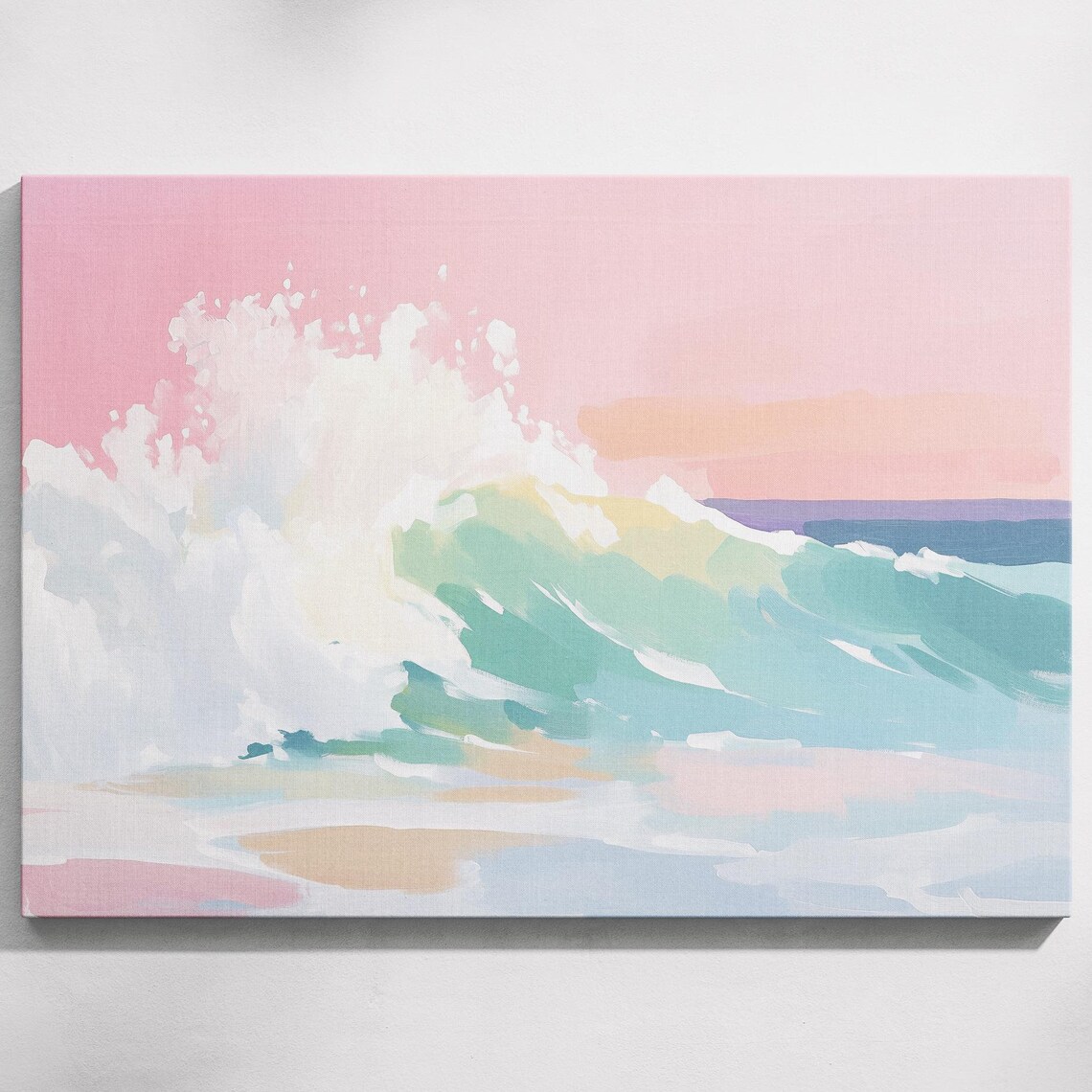 Pastel Ocean Wave Crashing On Beach Pink Sunset Sky Coastal Painting Poster