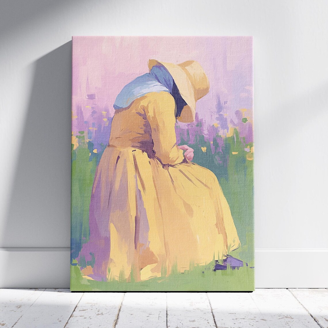 Faceless Woman In Yellow Dress And Sun Hat Among Wildflowers Poster