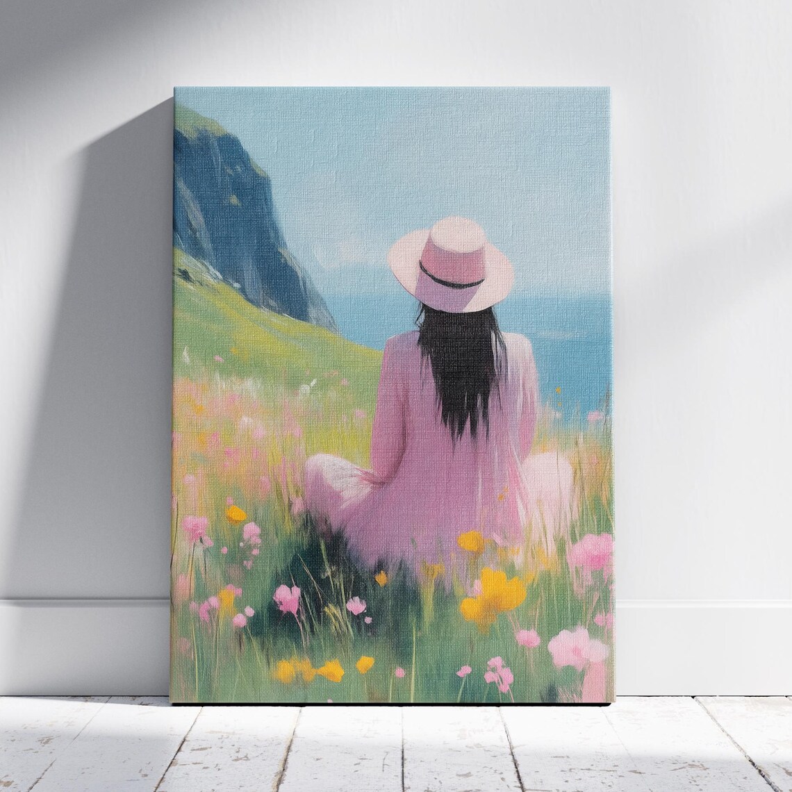 Woman In Pink Dress Gazing At Coastal Cliffs Wildflower Poster