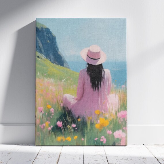 Woman In Pink Dress Gazing At Coastal Cliffs Wildflower Poster