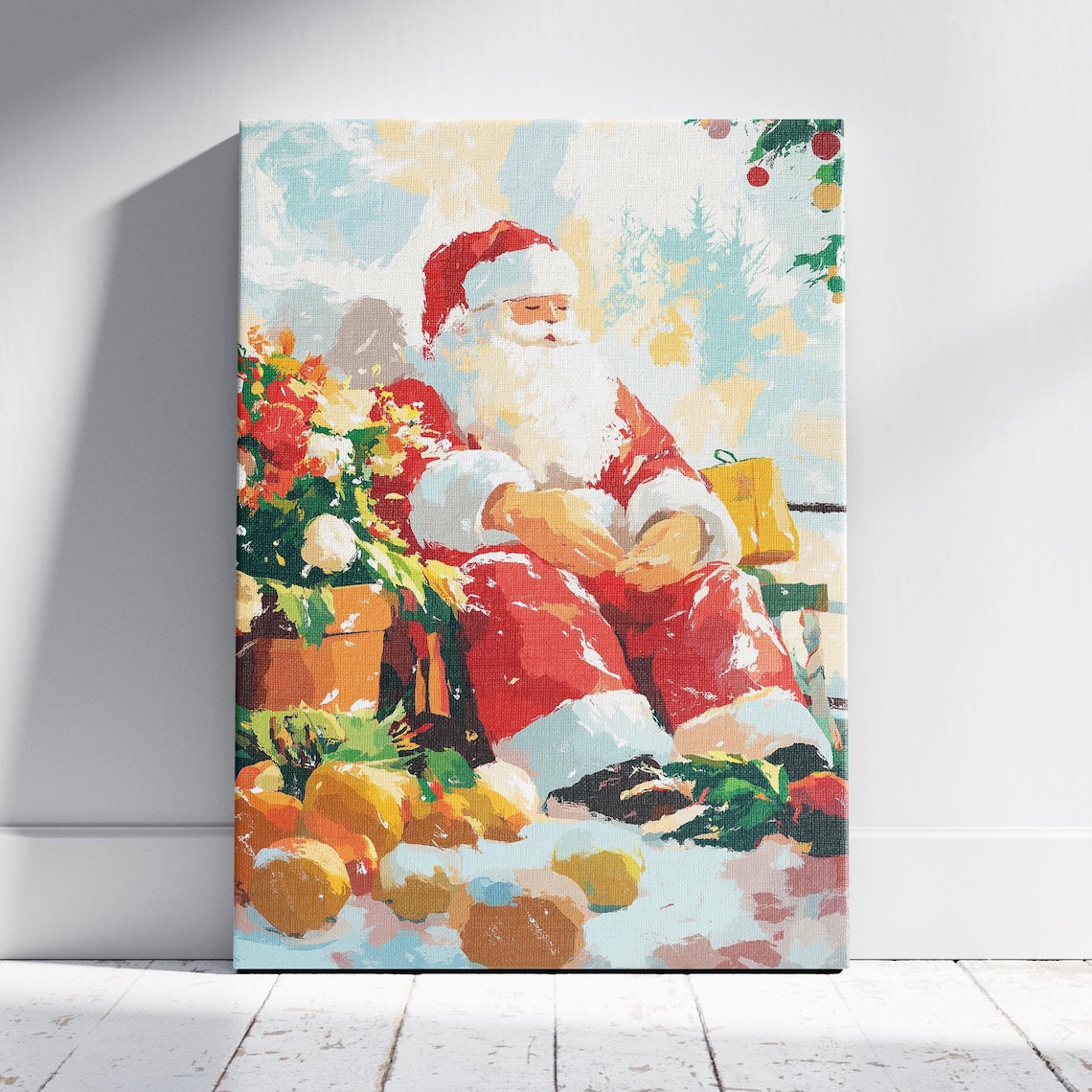 Santa Claus Sitting Gifts Poinsettia Impressionist Christmas Poster