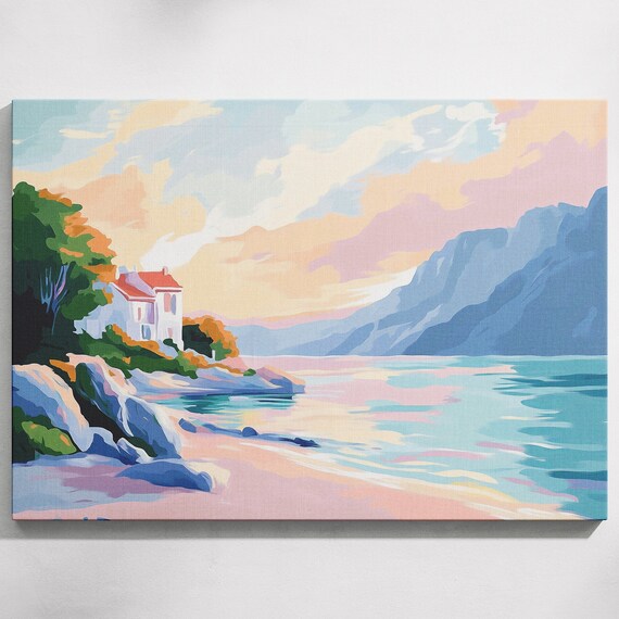 White House with Red Roof on Pink Beach Coastal Sunset View Poster