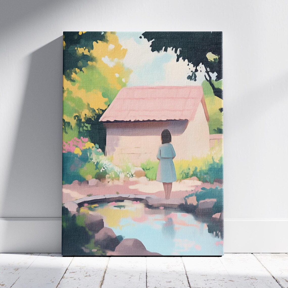 Girl by Cottage Pond in Golden Autumn Trees Pastel Fall Landscape Poster