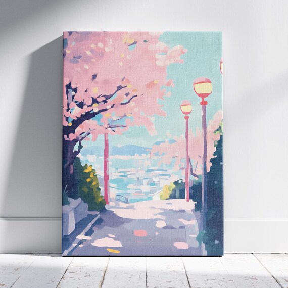 Cherry Blossom Street with Red Lamps Overlooking Harbor City Pastel Poster