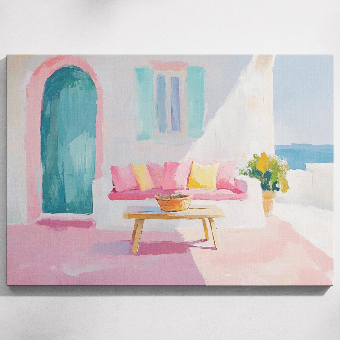 Mediterranean Terrace With Teal Arched Door Pastel Sea View Painting Poster