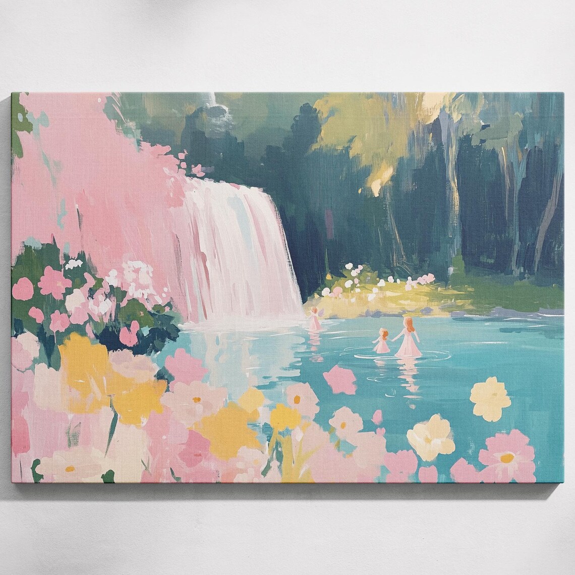 Pink Waterfall Teal Pond Wildflower Fantasy Forest Art Poster