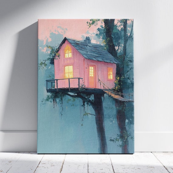 Cozy Pink Tree House Pastel Forest Cottage Dream House Scenic Artwork Pink Retreat Modern Brushwork Peaceful Cabin Artistic View