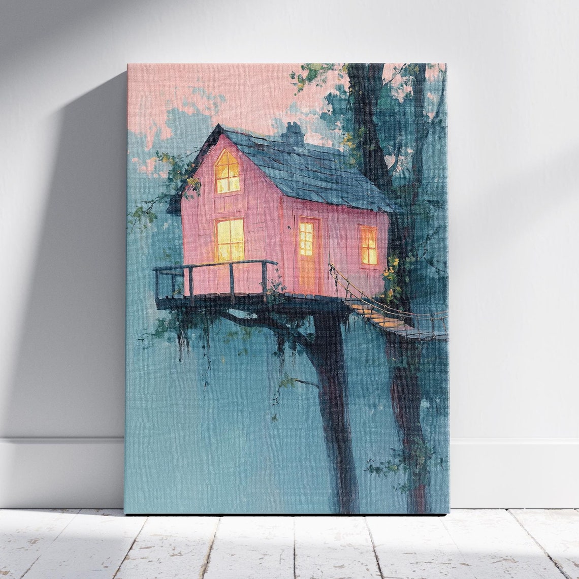 Pink Treehouse in a Misty Forest with Glowing Windows Cozy Art Poster