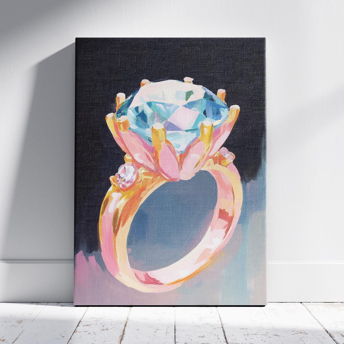 Blue Diamond Solitaire Engagement Ring Gold Band Jewelry Art Poster