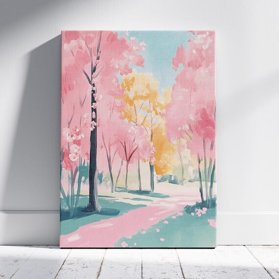 Pink Cherry Blossom Park Path Spring Pastel Nature Landscape Art Poster