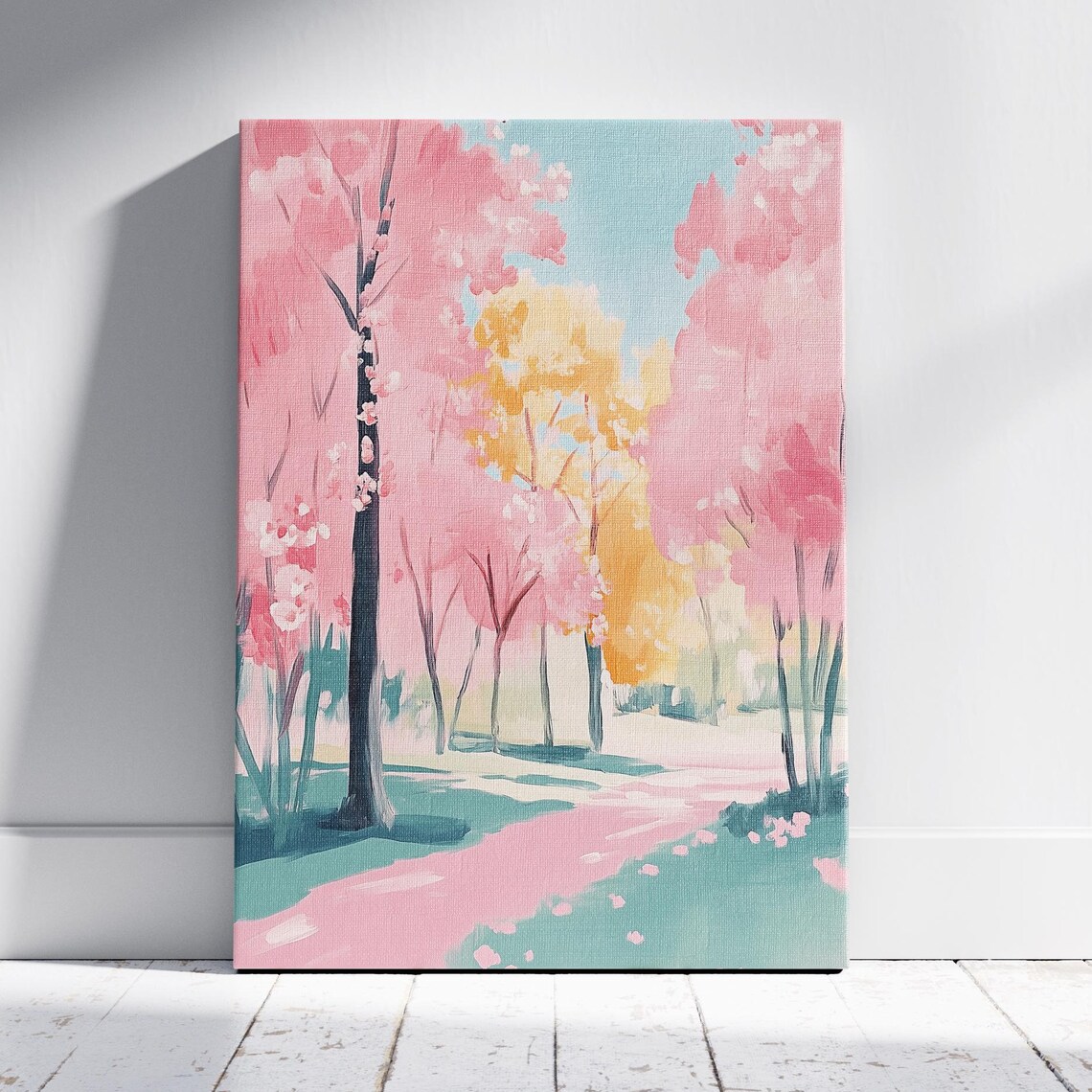 Pink Cherry Blossom Park Path Spring Pastel Nature Landscape Art Poster