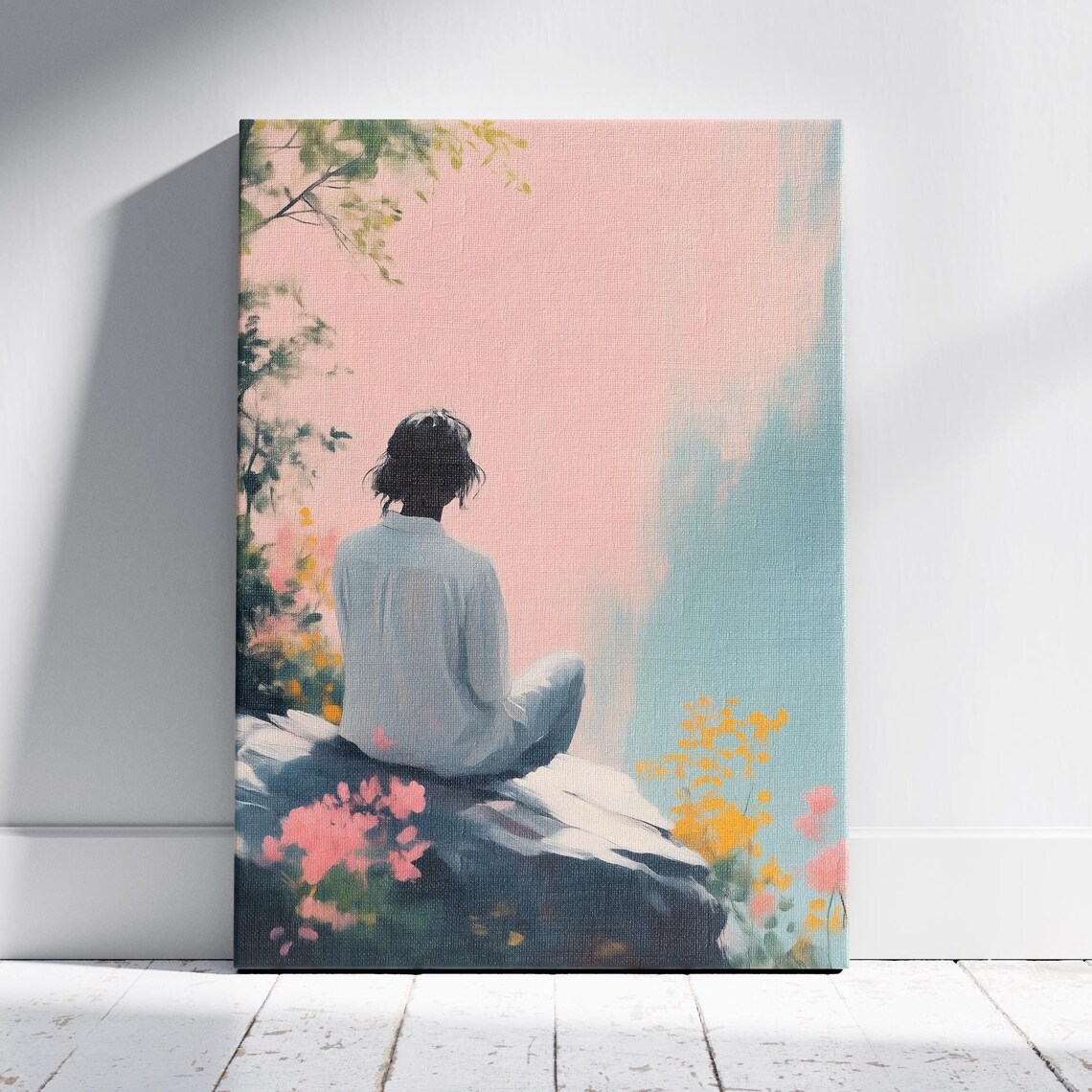 Woman Gazing at Pink Sky Waterfall Floral Pastel Dreamscape Print