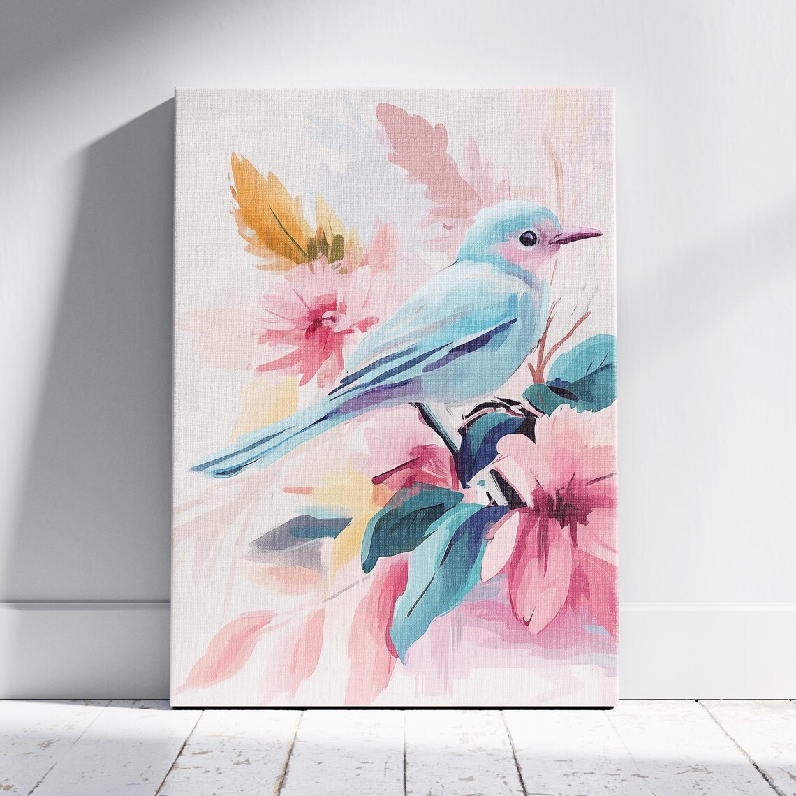 Bluebird Perched on Pink Flowers Watercolor Garden Art Poster