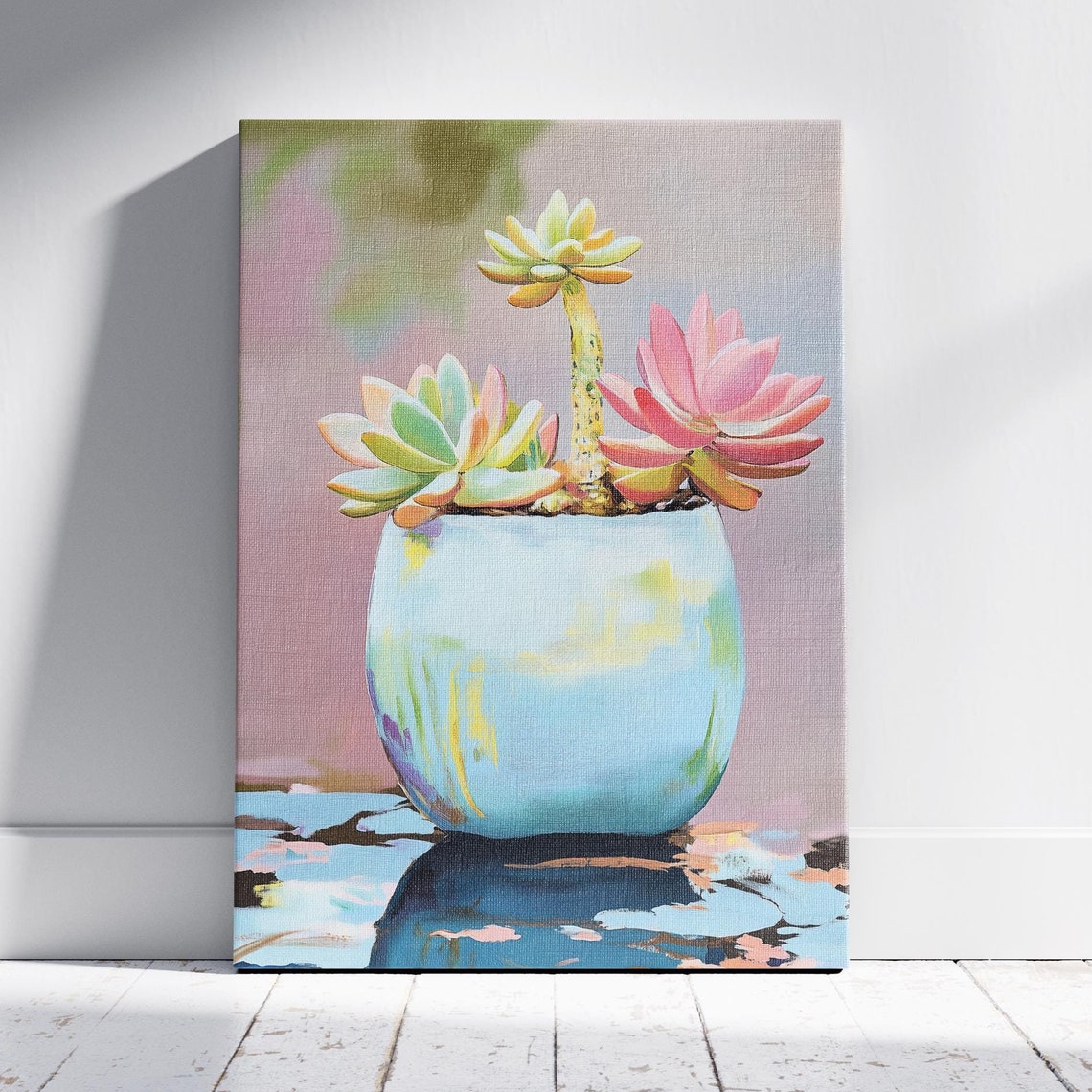 Pastel Succulent Arrangement Light Blue Pot Colorful Botanical Print