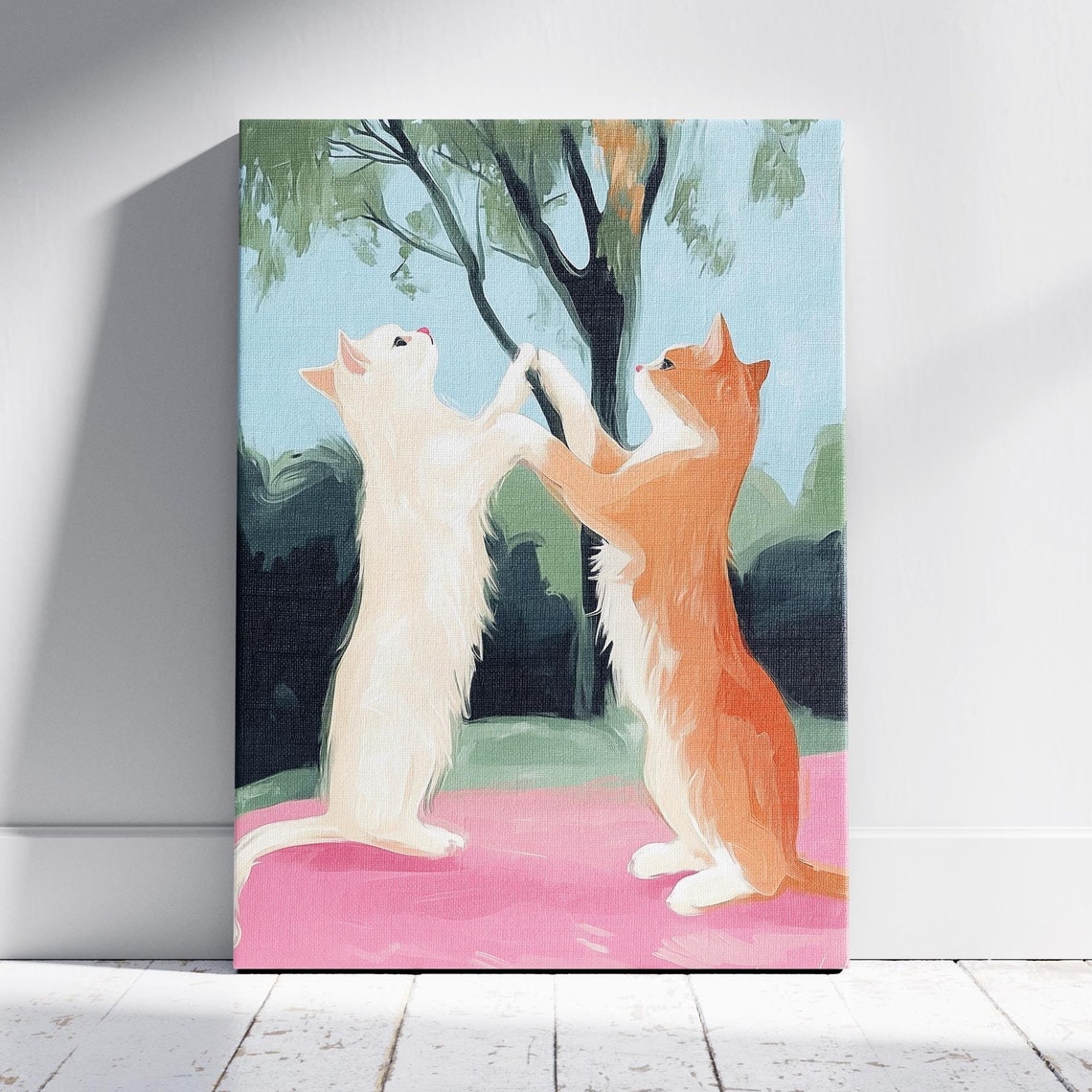 Two Playful Kittens Dancing Under Tree Cute Pastel Cat Print