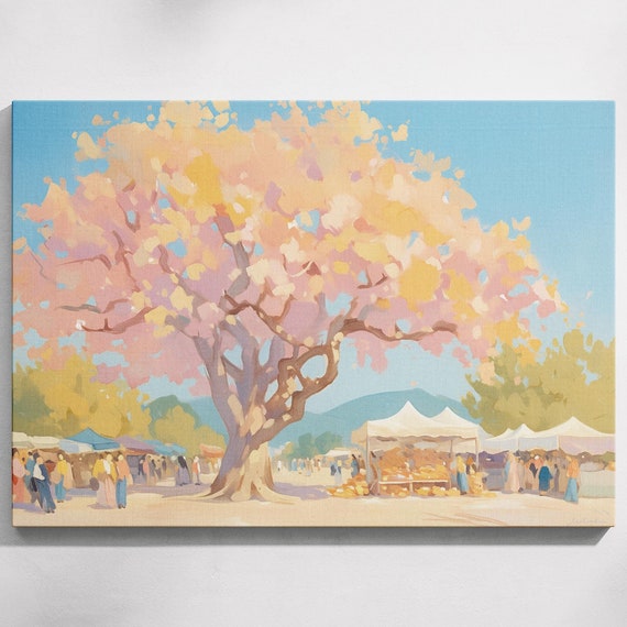 Market Tree Art Pastel Market Scene Tree Market Decor Market Scene Art Watercolor Market Wall Art Prints