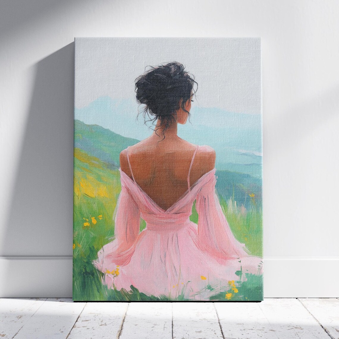 Woman in Pink Dress Sitting in a Green Meadow Hillside View Art Poster