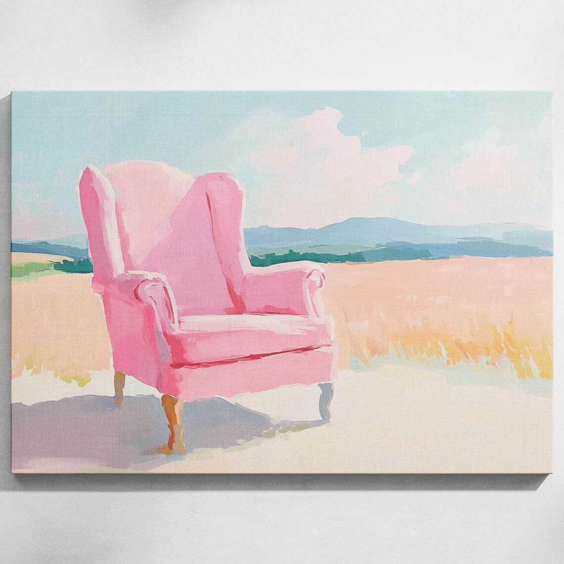 Pink Wingback Armchair in Golden Meadow Pastel Reading Nook Wall Poster