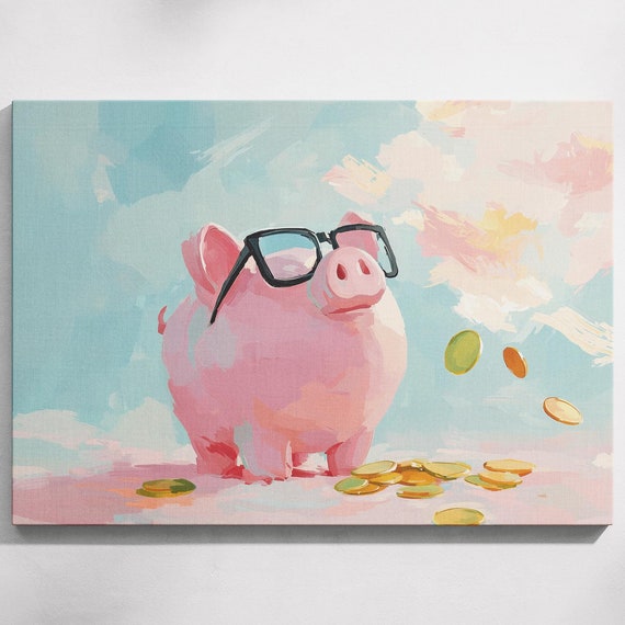 Rich Piggy Bank Painting Pixel Glasses Piggy Art Cute Piggy Bank Wall Art Piggy Bank Wall Art Piggy Bank Decor Pink Piggy Bank Art