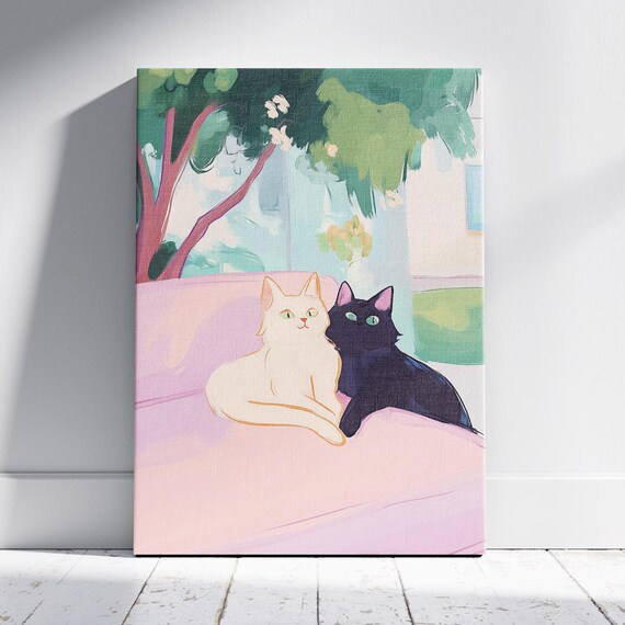 Two Cats Cuddling on Pink Couch Cute Illustration Cat Lover Wall Poster