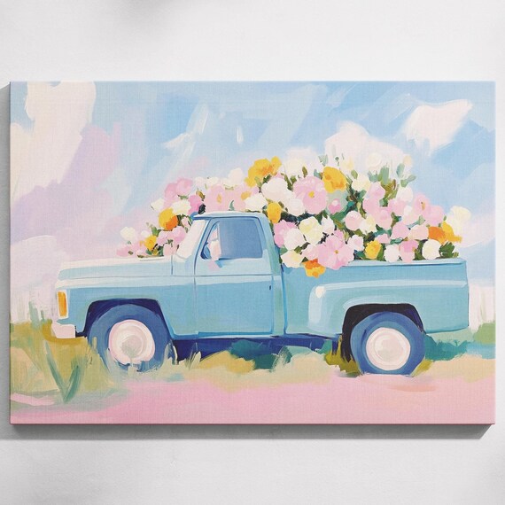 Vintage Blue Pickup Truck Full Of Flowers Pastel Spring Painting Poster