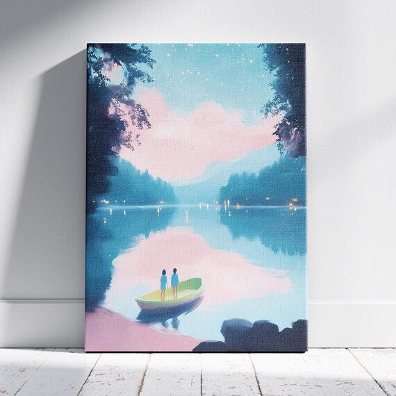 Two People in a Boat on a Twilight Lake Pastel Mountain View Art Poster