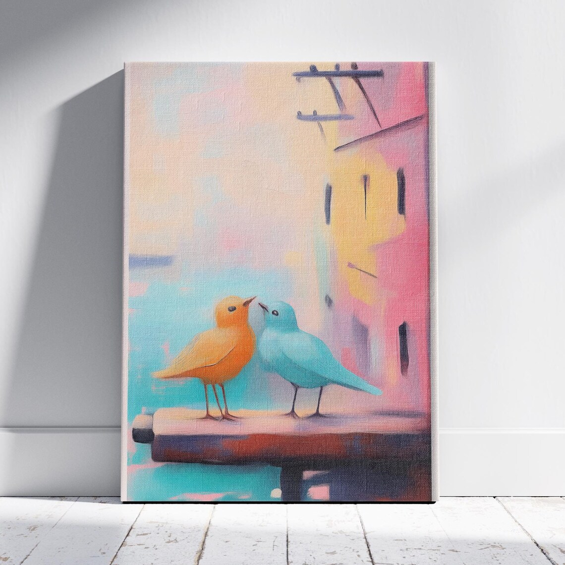 Orange And Teal Birds Pair Snuggling Pastel Abstract Art Print